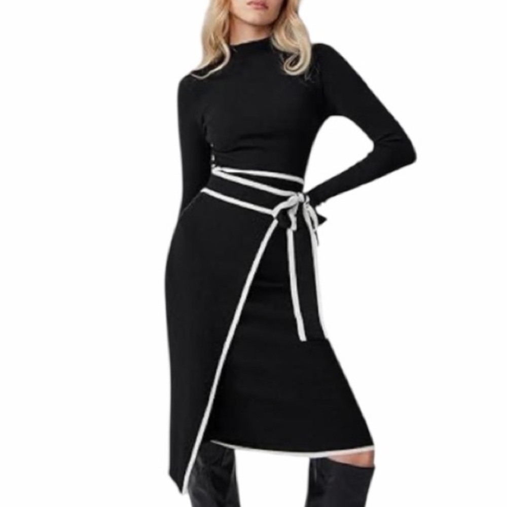 🆕Cider Knit Dress Long Sleeve Mock Turtleneck Bow Tie Wrap Dress